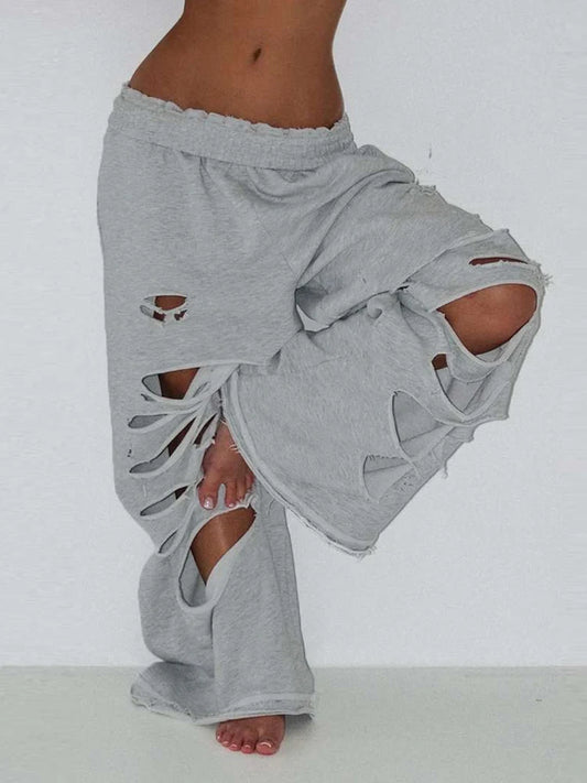 Hollow Pants Women Elastic Waist Raw Edge Hip-Hop Style Casual Solid Autumn Hipster Simple Classic Streetwear Bottoms