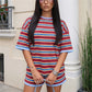 Striped Two Piece Outfit Women Contrast Trim Oversized Short Sleeve Tee And Elastic Waist Shorts Casual Loungewear Set