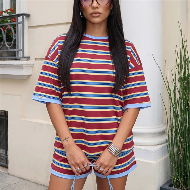 Striped Two Piece Outfit Women Contrast Trim Oversized Short Sleeve Tee And Elastic Waist Shorts Casual Loungewear Set
