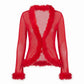 Women Y2K Faux Fur Trim Mesh Cardigan Long Sleeve V Neck Open Front Cropped Sheer Jacket Club Party Outerwear Tops