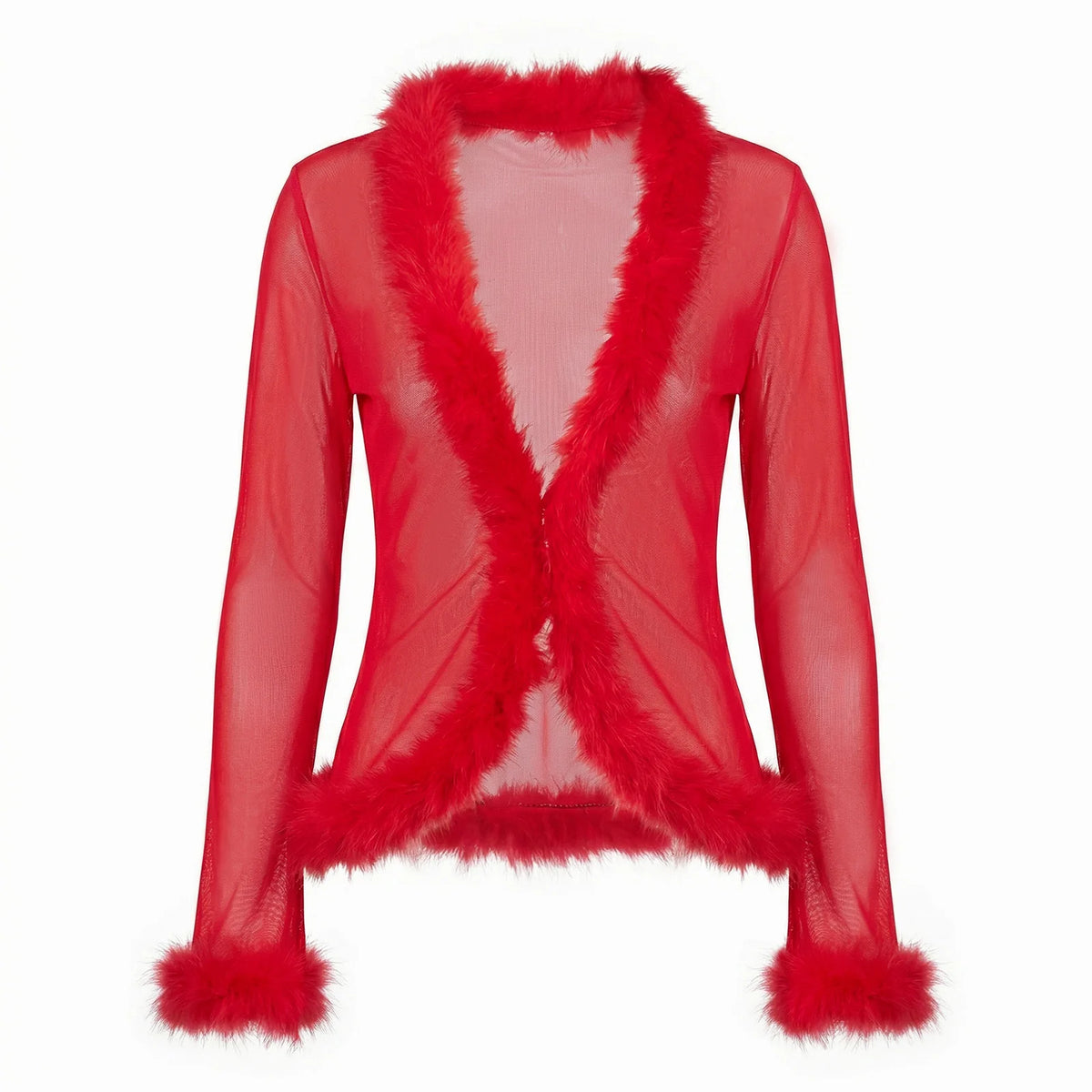 Women Y2K Faux Fur Trim Mesh Cardigan Long Sleeve V Neck Open Front Cropped Sheer Jacket Club Party Outerwear Tops