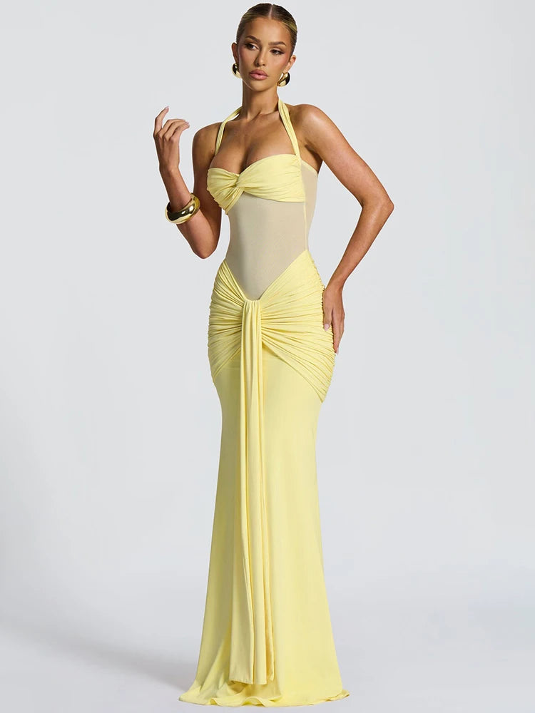 Halter Backless Sexy Maxi Dress Women Fashion Patchwork Off-shoulder Sleeveless Ruched Draped Bodycon Club Party Dress