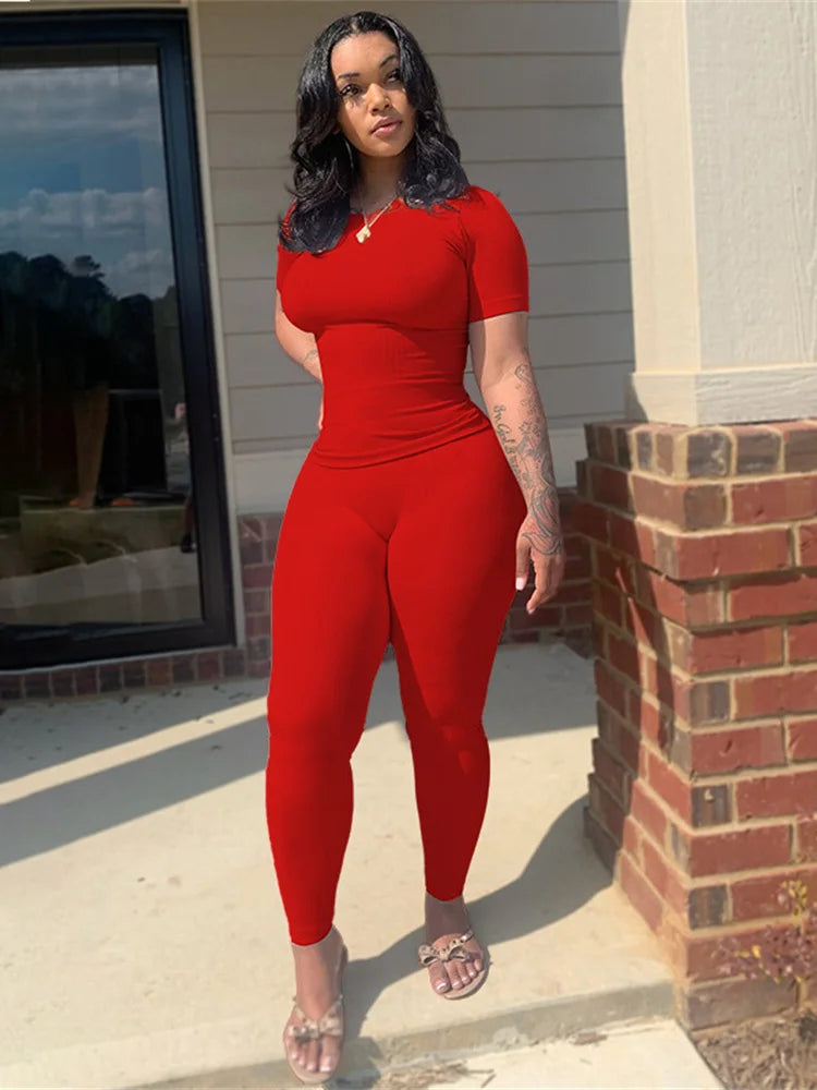 Summer Fashion 2-Piece Set Women o-Neck Simple t-Shirt+Elastic Waist Classic Pant Solid Comfortable Matching Suit