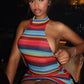 Colorful Stripe Halter Dress Women Sexy Backless Bandage Knit Thin Sleeveless Hottie Stretch Vacation Beach Clubwear