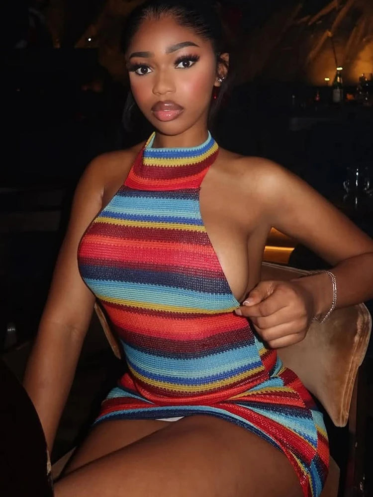 Colorful Stripe Halter Dress Women Sexy Backless Bandage Knit Thin Sleeveless Hottie Stretch Vacation Beach Clubwear
