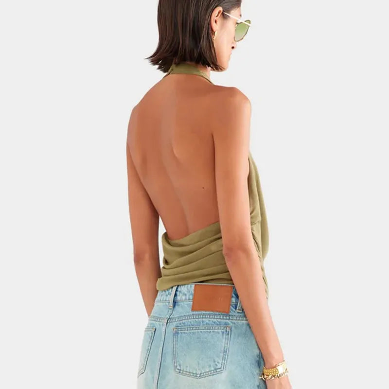 Women Trendy Halter Tops Summer Ruched Cowl Neck Backless Sleeveless Shirts for Streetwear Aesthetic Grunge Clothes