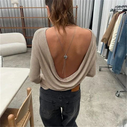 Y2k Aesthetic Low Back Blouse Women Open Back Shirt Long Sleeve Backless Boat Neck Blouse Going Out Workout Outfit
