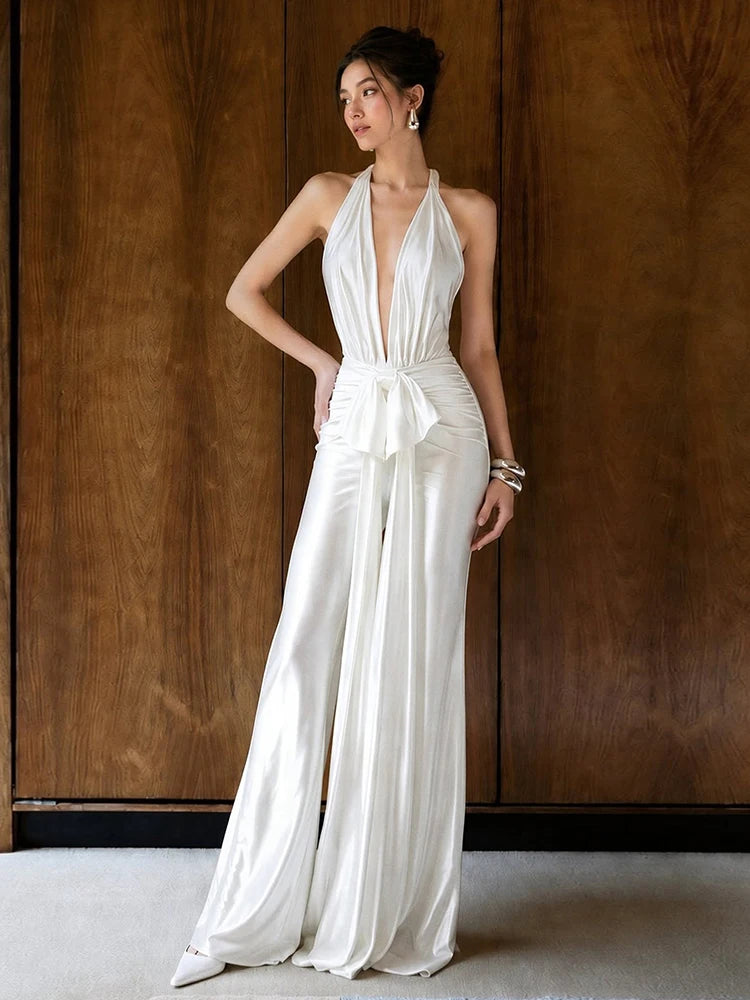 Tassel Jumpsuit Women Halter Deep v-Neck Sleeveless Backless Folds Slim Solid Fashion Party Sexy Midnight Streetwear