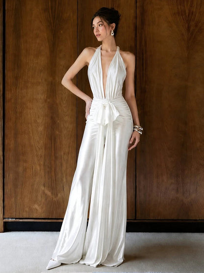Tassel Jumpsuit Women Halter Deep v-Neck Sleeveless Backless Folds Slim Solid Fashion Party Sexy Midnight Streetwear