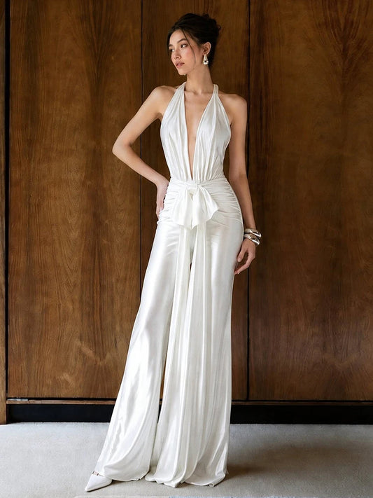 Tassel Jumpsuit Women Halter Deep v-Neck Sleeveless Backless Folds Slim Solid Fashion Party Sexy Midnight Streetwear