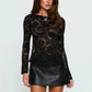 Women's Lace See Through Backless T Shirt Tops High Street Solid Color Long Sleeve Boat Neck Slim Fit Shirts Blouse