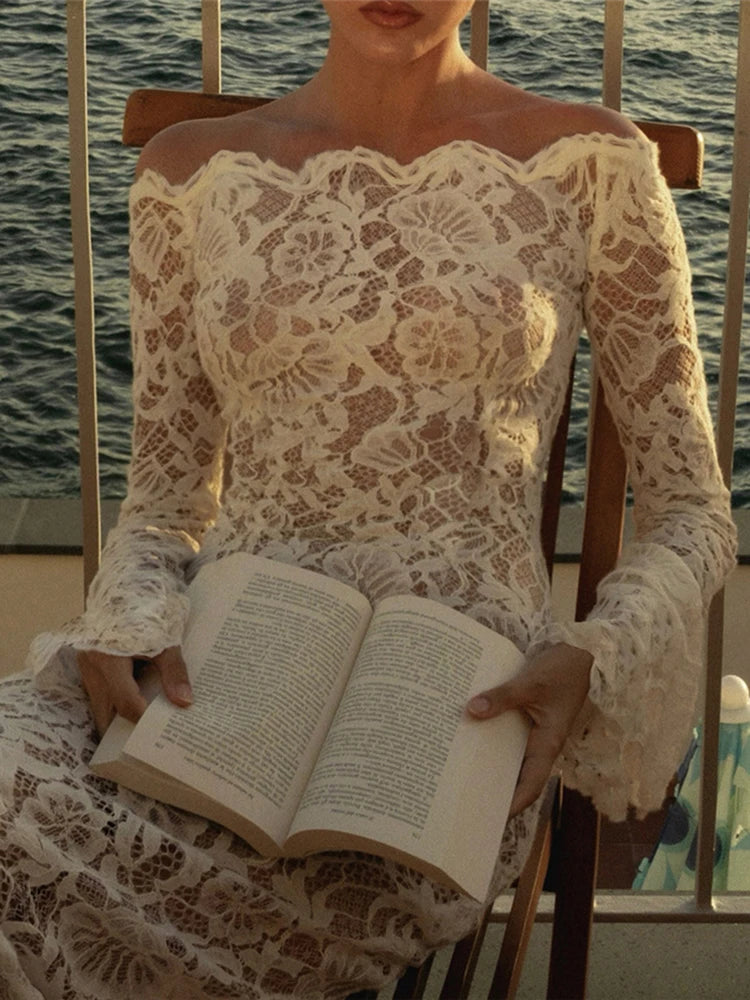 Sexy Jacquard Mesh Dress Women Wave Slash Neck Flare Sleeve Lace Elegant Evening Birthday Prom Party Skinny Bodycon