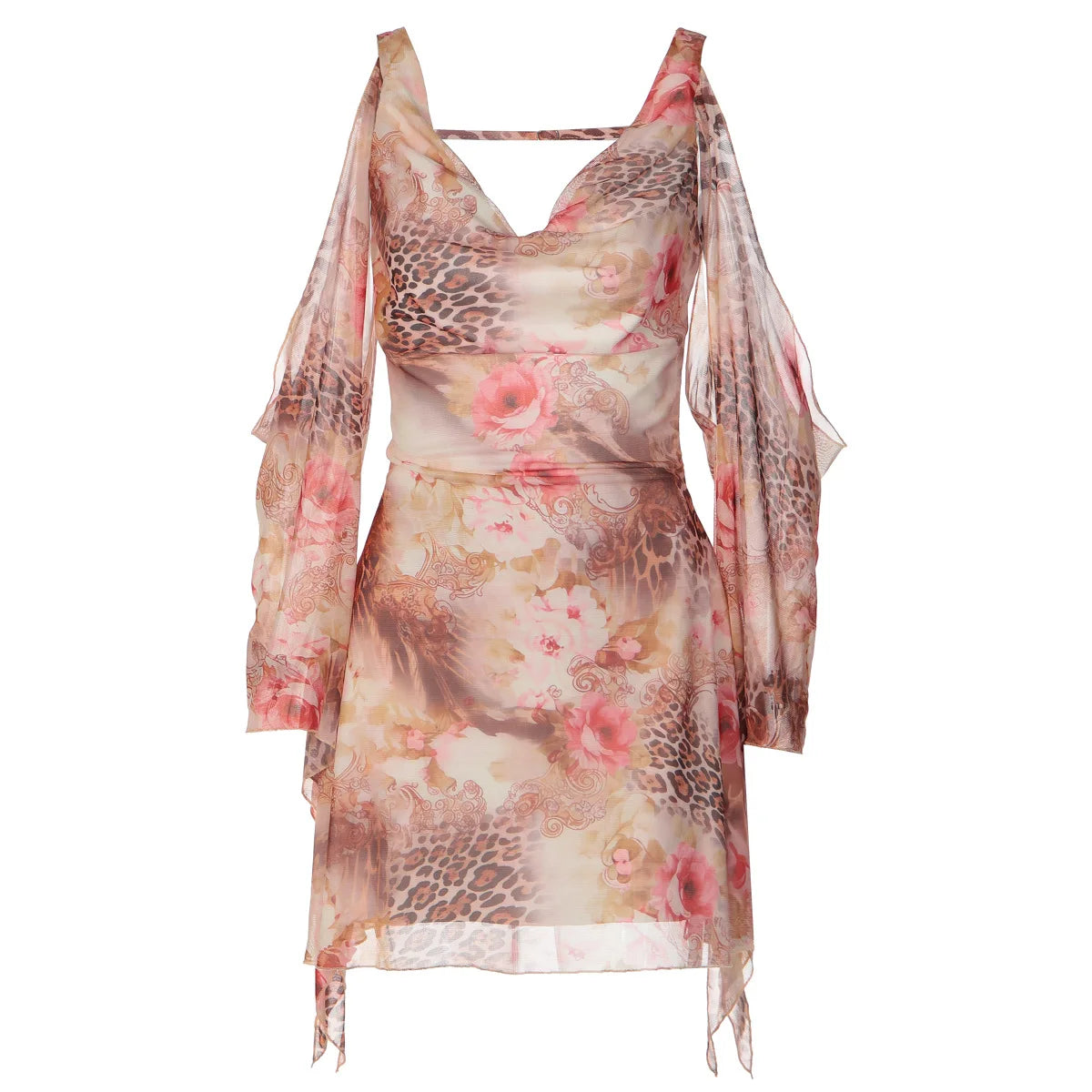 Floral Leopard Print Mesh See Through Dress Elegant Sexy Long Sleeve Backless Mini Dresses for Woman
