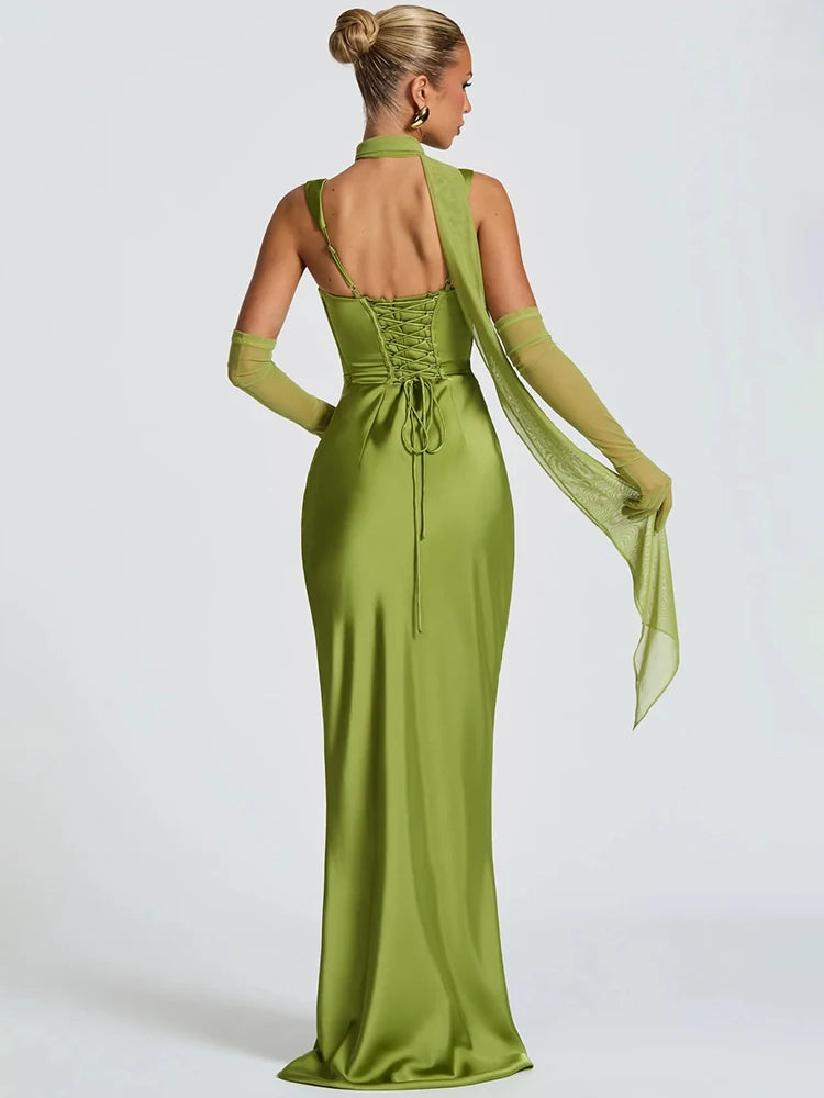 Satin Backless Sexy Maxi Dress Women Elegant Halter Off-shoulder Sleeveless Lace-up Bodycon Club Party Long Dresses