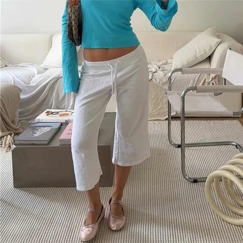 Retro Low Rise Drawstring Micro Flare Sweatpants Women Solid Color Beach Vacation Streetwear Loose Casual Cropped Trousers