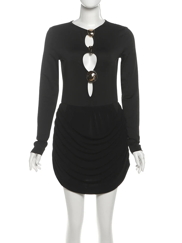 Velvet Patchwork Dress Women Y2K Sexy Sequined Hollow Long Sleeve Simple Office Elegant Commute Stretch Mini Bodycon