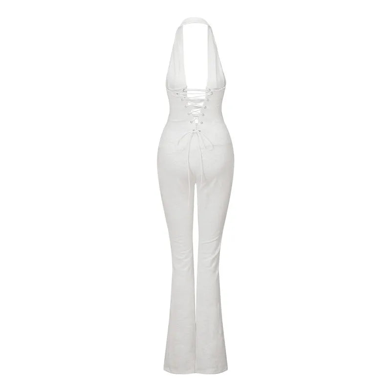 Chic Women Lace Jumpsuits Halter Neck Cross Backless Sleeveless Long Rompers Summer Slim Playsuit Clubwear ropa de mujer