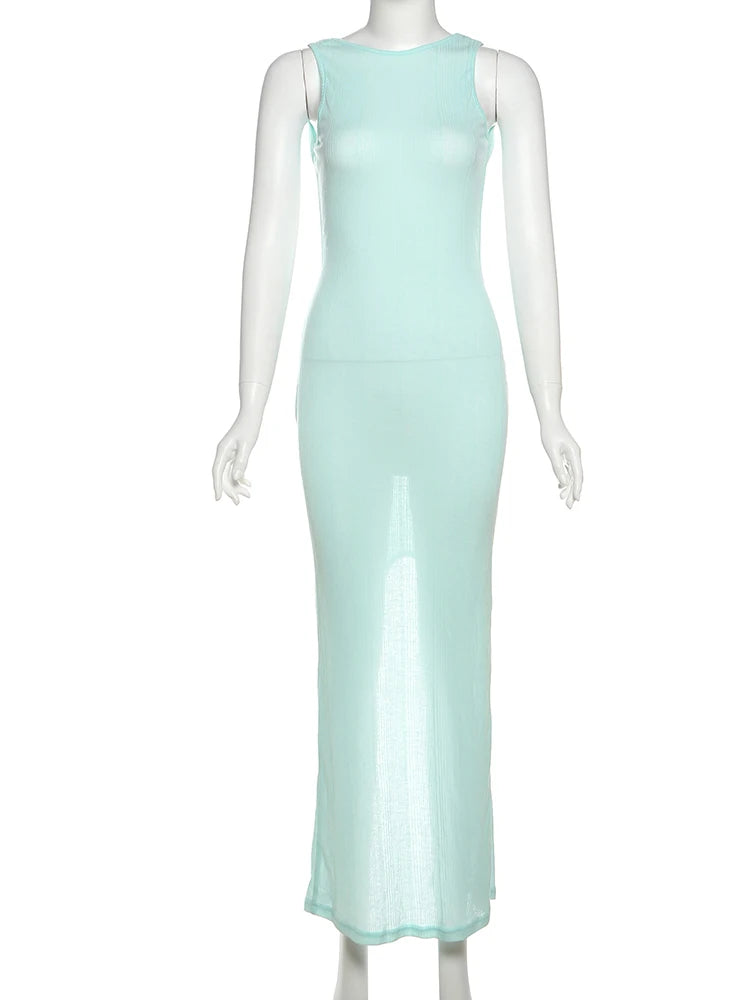 Backless See Through Dress Women Summer Slit Peach Buttocks Solid Sheath Sleeveless Sexy Beach Vacation Party Bodycon