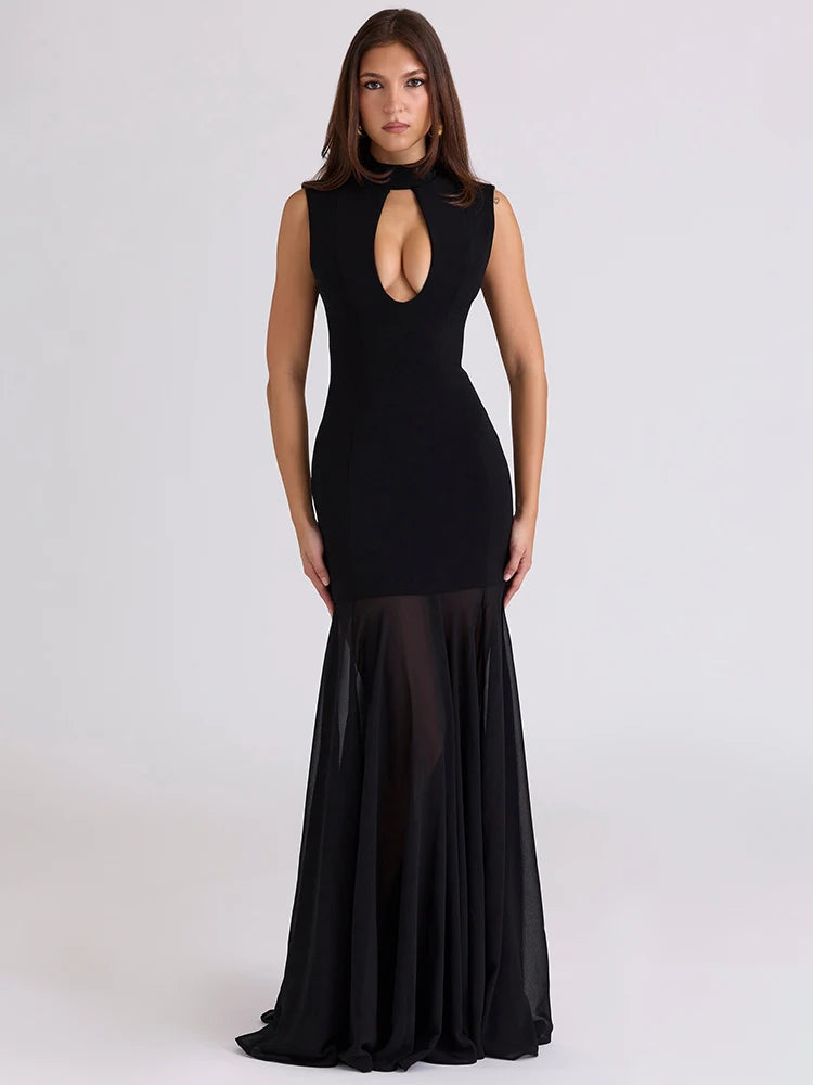 Hollow Out Sleeveless Sexy Maxi Dress Women Gown Elegant Half High Collar High Waist Bodycon Club Party Long Dresses