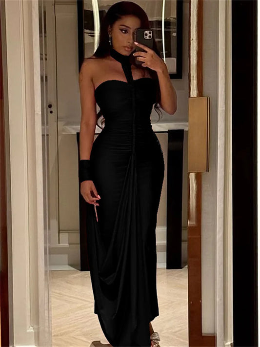 Elegant Halter Maxi Dress Women Backless Skinny Hand Strap Hem Summer Trend Sexy Vacation Birthday Party Vestidos