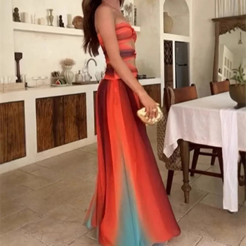 Women Summer Striped Tie-dye Color Twisted Texture Hollow Out Backless Strapless A-line Tube Long Dress Party Clubwear