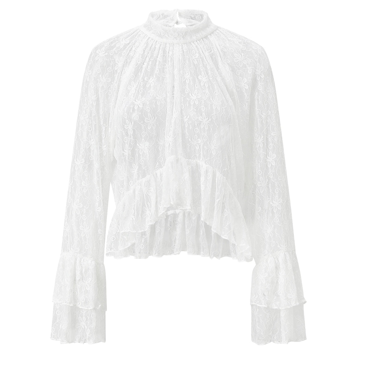 Women's Sheer Shirts Flare Long Sleeve Mock Neck Lace Floral Tops Fashion Ruffled Peplum Hem Cropped Blouse Streetwear