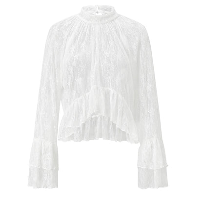 Women's Sheer Shirts Flare Long Sleeve Mock Neck Lace Floral Tops Fashion Ruffled Peplum Hem Cropped Blouse Streetwear