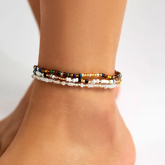 3Pcs/Set Boho Colorful Rice Bead Anklets for Women Personalized Geometry Round Feet Chain Suit Summer Beach Jewelry Accessories