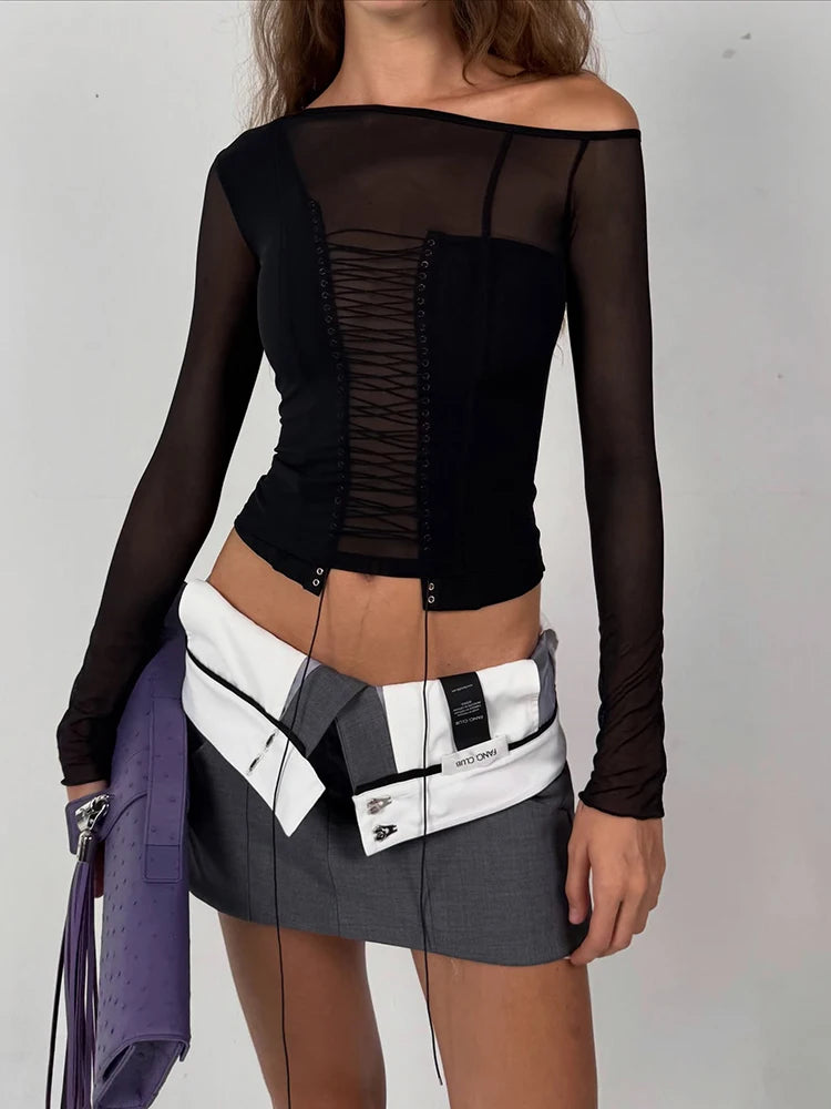 Shirring Slash Neck T-Shirt Women Autumn Mesh Patchwork Full Sleeve Sexy Simple Fashion Skinny Party Street Crop Tees