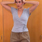 Ladies Surplice Wrap V‑Neck Short Cap Sleeve T‑Shirt Side Tie Knot Fitted Cropped Top Solid Color Casual Daily Blouse