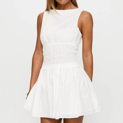 Sleeveless Smocked Waist Mini Dress Women's Ruffle Hem Back Tie Stripe Eyelet Embroidery Summer Y2K Coquette Dress
