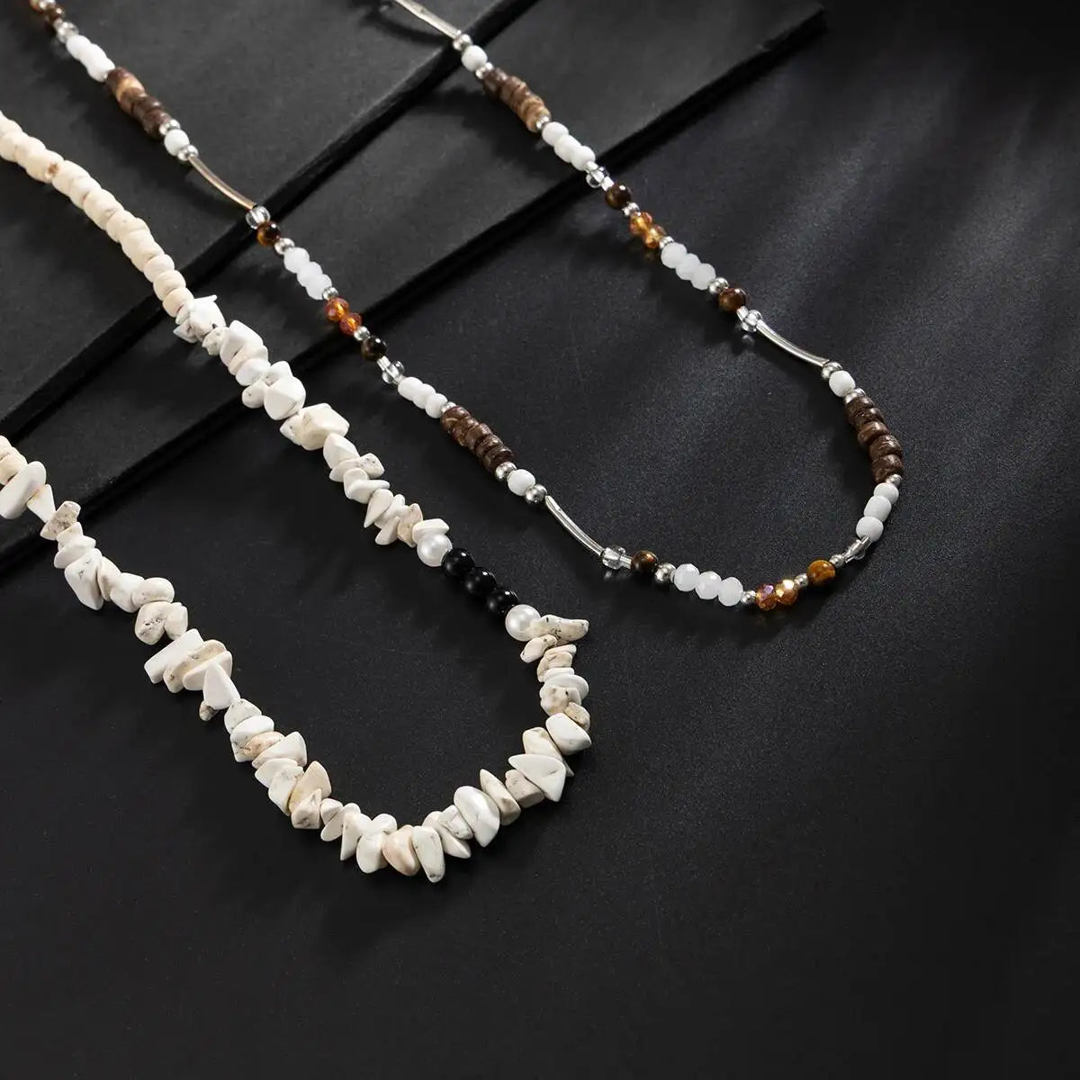 2pcs New Trendy Natural Stone Chain Necklace Set for Men Hip Hop Double Layer Wooden Beaded Choker Jewelry on the Neck