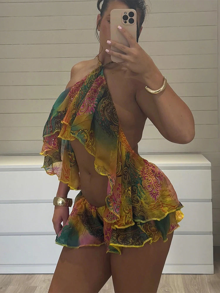 Colorful Beach 2 Piece Set Women Sexy Irregular Backless Halter Camisole+Shorts Matching Summer Vacation Club Outfits