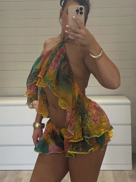 Colorful Beach 2 Piece Set Women Sexy Irregular Backless Halter Camisole+Shorts Matching Summer Vacation Club Outfits