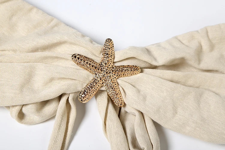 Starfish Decoration 2 Piece Set Women Lace-Up Backless Strapless Tops+Ruche Long Skirts Vacation Beach Party Outfits