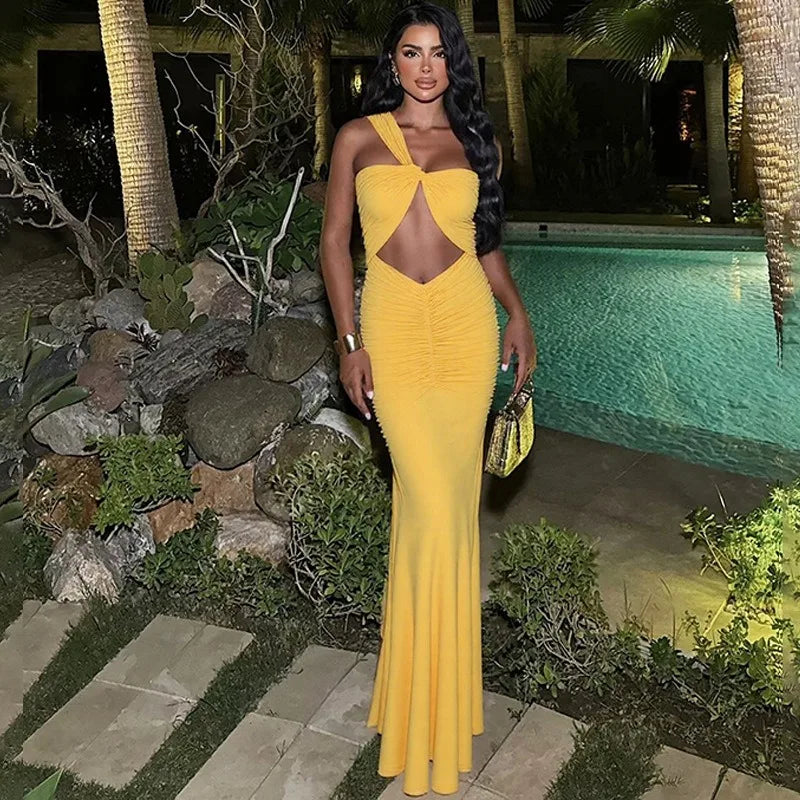Twisted Hollow One Shoulder Backless Maxi Dress Woman Yellow Elegant Party Dresses for Wedding Guest