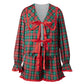 Women Satin Christmas Pajama Set Peter Pan Collar Front Tie Long Sleeve Ruffle Top Shorts Two Piece Xmas Loungewear