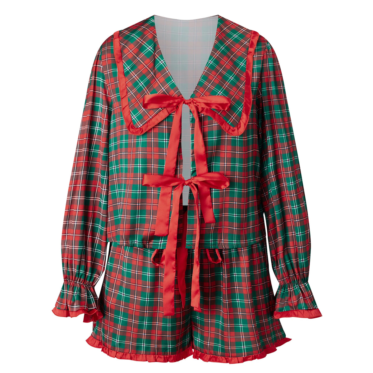 Women Satin Christmas Pajama Set Peter Pan Collar Front Tie Long Sleeve Ruffle Top Shorts Two Piece Xmas Loungewear
