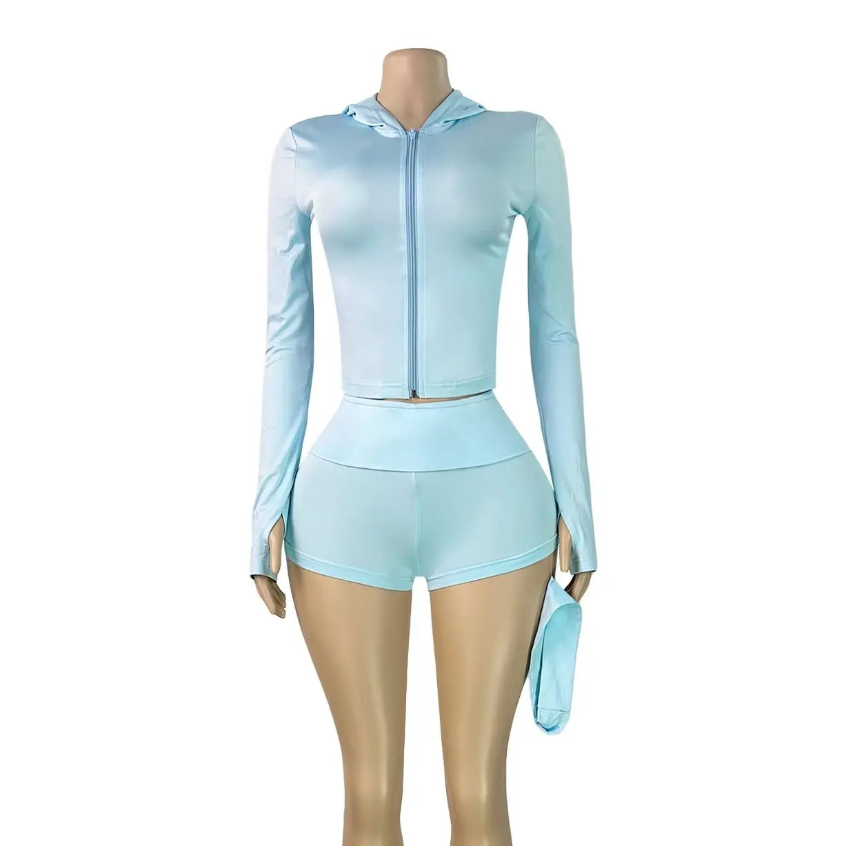 Hooded Casuals 3 Piece Set Women Simple Zip Full Sleeve Jacket+Bike Short+Headband Stretch Fashion Street Sporty Suit