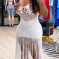 Sequin Knit Maxi Dress Women Hollow Long Tassel Halter Bandgae Low-Neck See Through Sleeveless Backless Vestidos