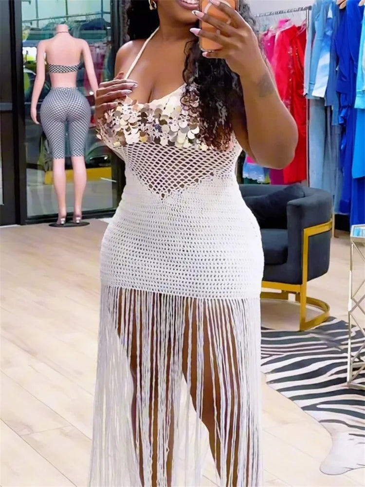 Sequin Knit Maxi Dress Women Hollow Long Tassel Halter Bandgae Low-Neck See Through Sleeveless Backless Vestidos
