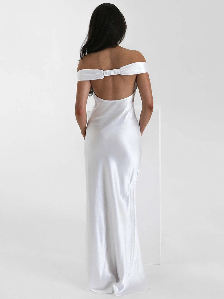 Satin Off-shoulder Backless Sexy Maxi Dress Women Gown Fashion Strapless Sleeveless High Waist Club Party Long Dresses