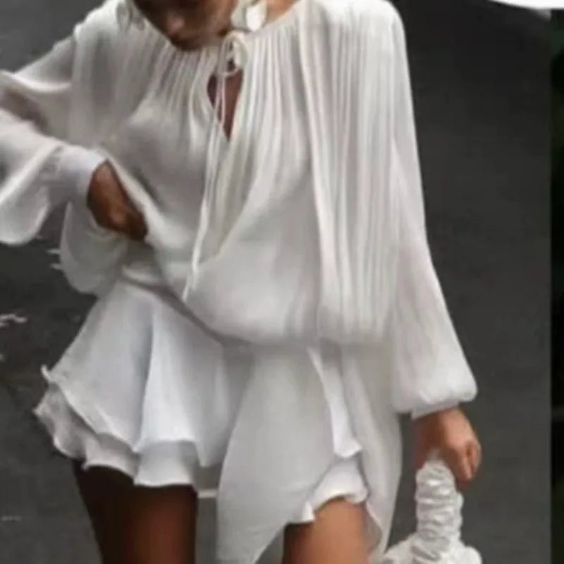 Elegant Womens Ruffle Mini Dress Long Lantern Sleeve Tie-up Front Solid Color Pleated Dress Short Flowy Dress Party Club
