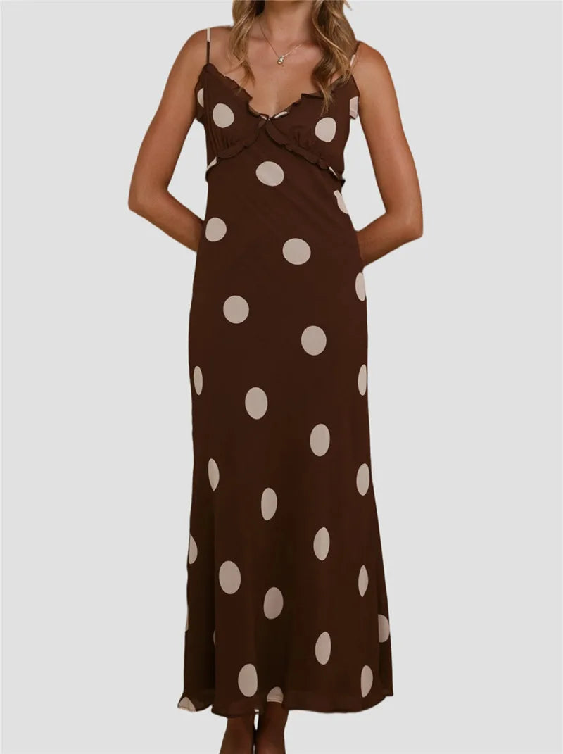 Women Summer Y2k Chiffon Maxi Dress V Neck Sleeveless Backless Polka Dot Print Ruffles Club Party Vacation Bodycon Dress