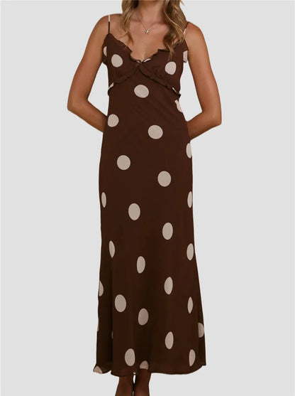 Women Summer Y2k Chiffon Maxi Dress V Neck Sleeveless Backless Polka Dot Print Ruffles Club Party Vacation Bodycon Dress