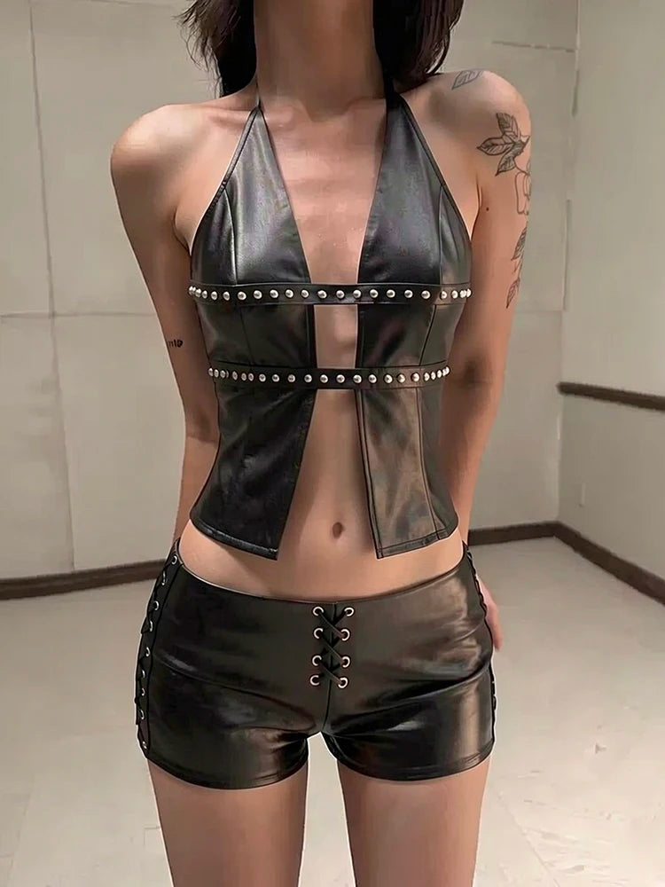 Fashion Rivet Decoration PU 2 Piece Set Woman Halter Open Collar Zipper Backless Tank Tops+Skinny Shorts Street Suits