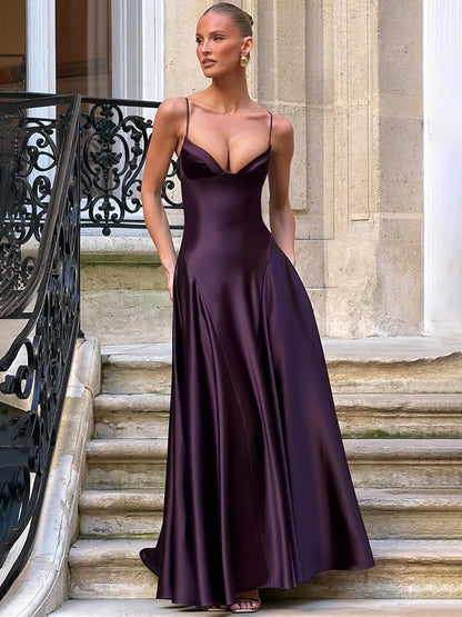 Satin Spaghetti Strap Sexy Maxi Dress Women Elegant Deep V Neck Sleeveless Backless Pleated Evening Club Party Dresses