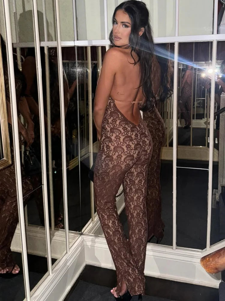 Lace Backless Sexy Jumpsuit Women Rompers Halter Off-shoulder Sleeveless Skinny Club Party Jumpsuits Female Clothes