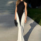 Ruched Maxi Dress Women Black White Patchwork Halter Backless Thin Slit Summer Trend Birthday Party Clubwear Vestidos