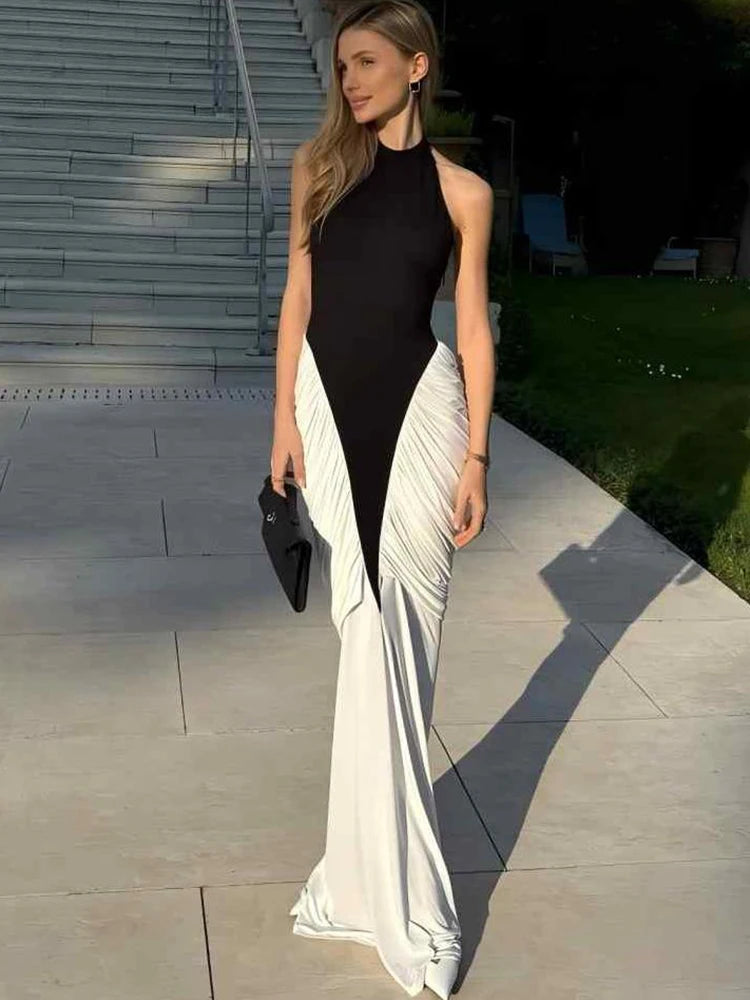 Ruched Maxi Dress Women Black White Patchwork Halter Backless Thin Slit Summer Trend Birthday Party Clubwear Vestidos